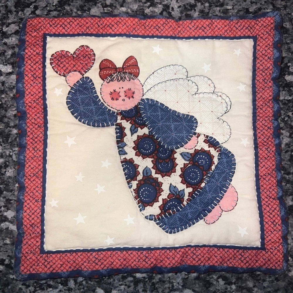 Quilted Pot Holder Decor‎ Folk Art Angel 8" Multi-Color Sunflower Heart Decor